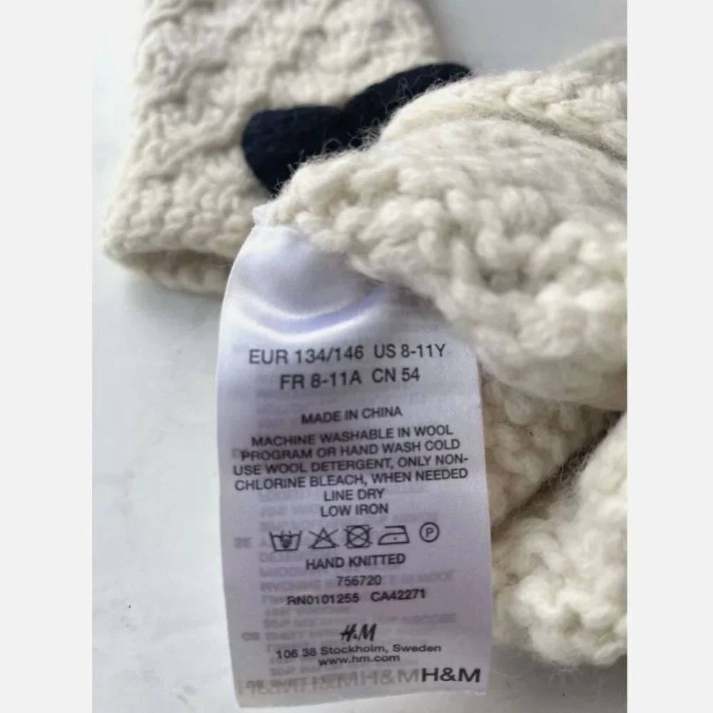 NEW H&M Girls Ivory White Wool Knit Mittens With Bow One Size Fits 8-11 Y